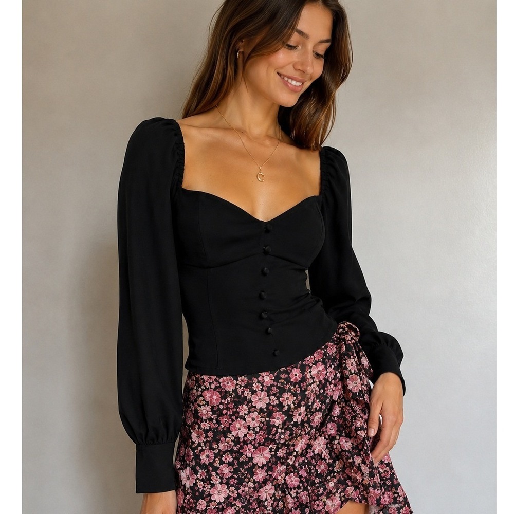 WILFRED Tulum Smocked Back Button Front Puff Sleeve Blouse Dark Romantic Black S